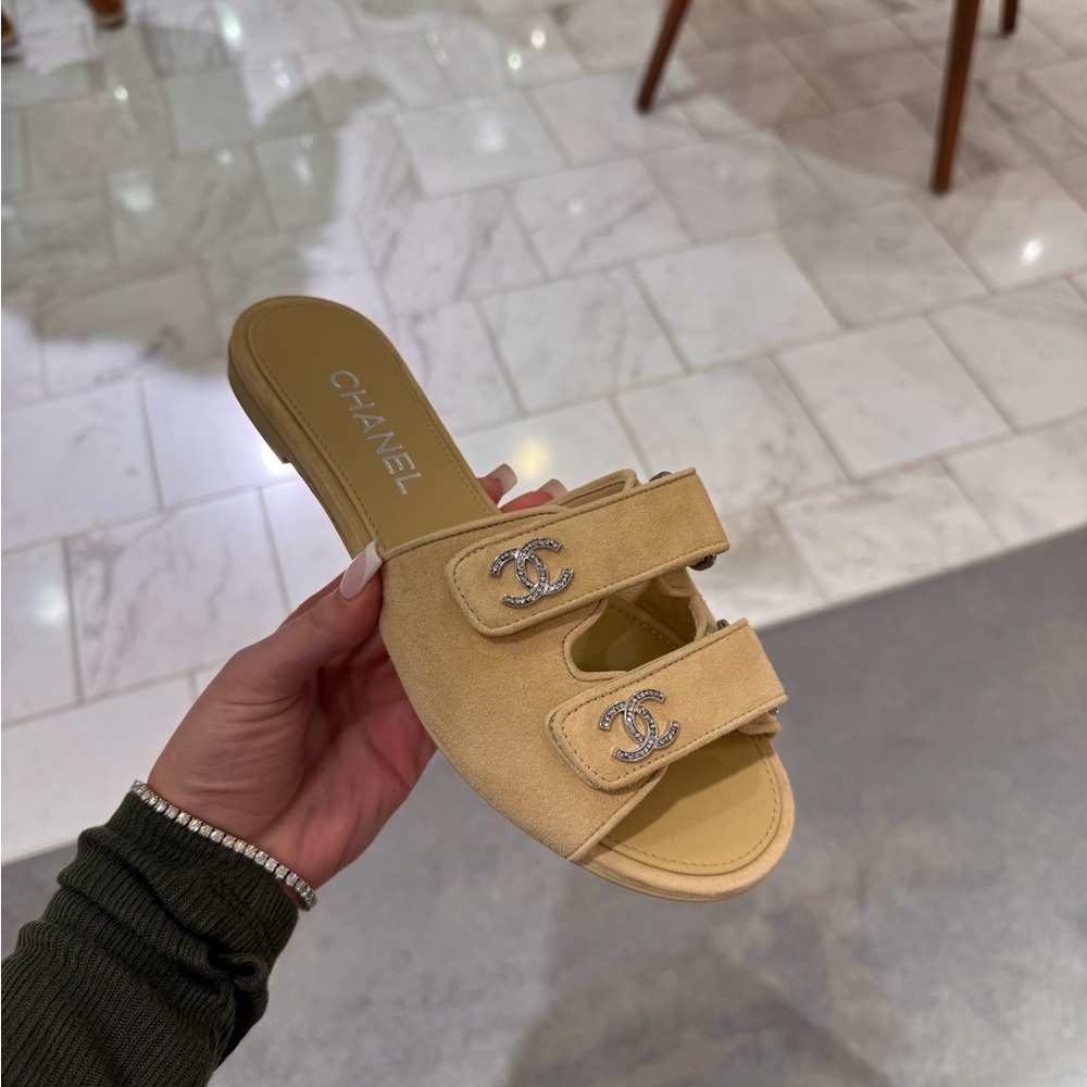 CHANEL Tan Slide Sandals with Silver Accents